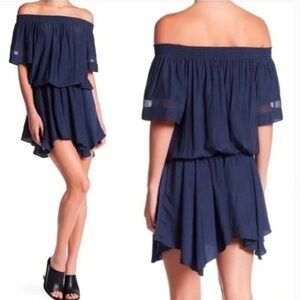 Ramy Brook Jessica Off the Shoulder Drop Waist Asymmetrical Dress Navy Size L